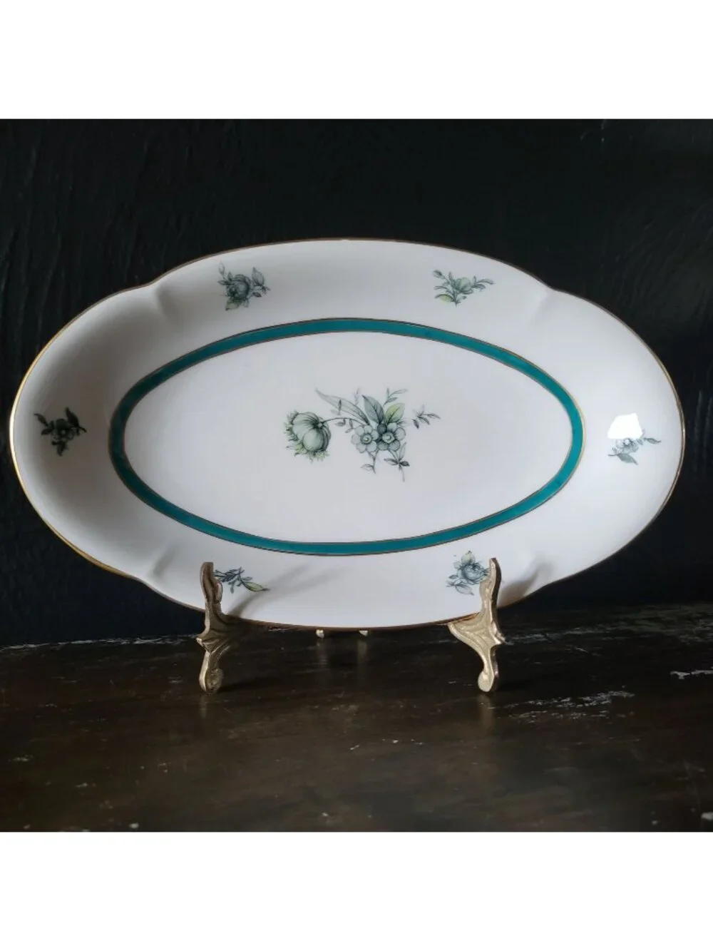 Vtg Royal Bayreuth Teal Tulip Relish Dish Serving Bowl Floral Design Gold Trim